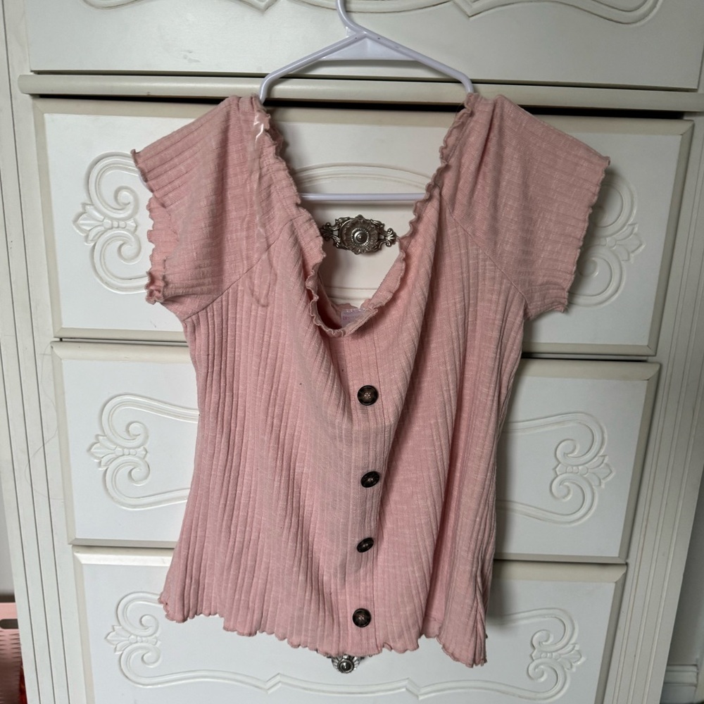 Off the shoulder button down tee. NEVER WORN. Size LARGE